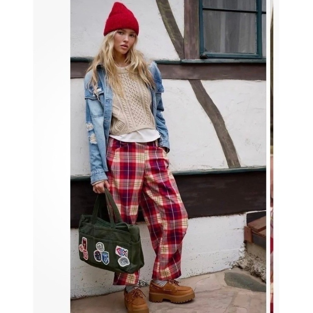 Free People Red Plaid Wide Leg Pants Elastic Waist Trousers Womens NEW Small